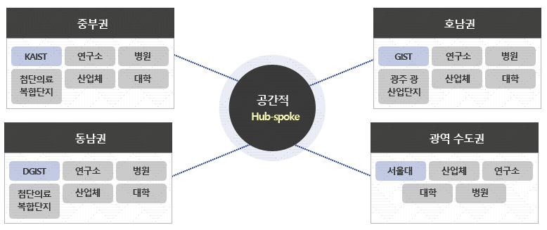 공간적 Hub-spoke:중부권+동남권+호남권+광역수도권, 중부권(KAIST,연구소,병원, 첨단의료복합단지, 산업체, 대학),동남권(DGIST,연구소,병원, 첨단의료복합단지, 산업체, 대학),호남권(GIST,연구소,병원, 광주광 산업단지, 산업체, 대학),광역 수도권(서울대, 산업체, 연구소, 대학, 병원)