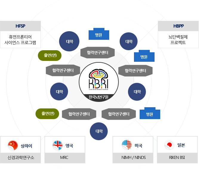 한국뇌연구원- 병원, 대학, 현력연구센터, 출연(연)/ HFSP:휴먼프론티어 사이언스 프로그램, HBPP:뇌단백질체 프로젝트, 상하이:신경과학연구소, 영국:MRC, 미국:NIMH/NIDS, 일본:RIKEN BSI